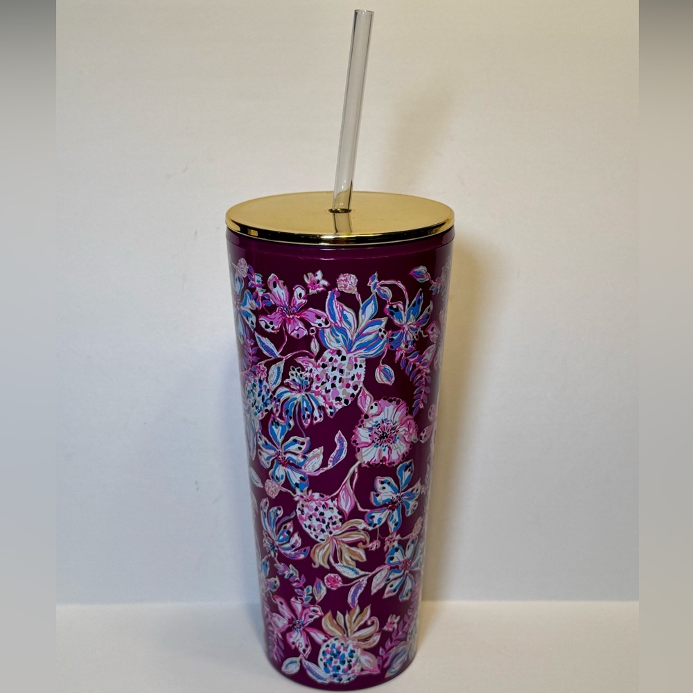 Lilly Pulitzer Tall Tumbler Gold Lid New Straw - 24 oz - Preppy - Picture 2 of 7